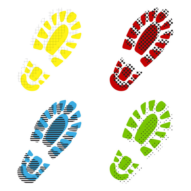 Footprint boot sign. Vector. Yellow, red, blue, green icons with - Vector, Image