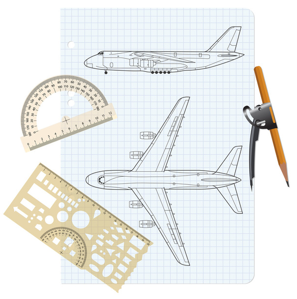 Livro de exercícios com um desenho para um modelo de avião illust
 - Foto, Imagem