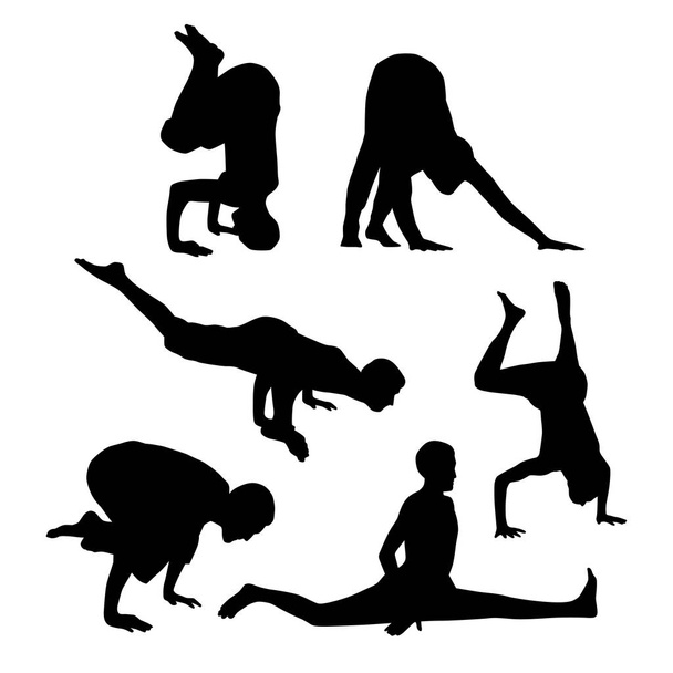 Silhouettes of people practicing yoga isolated on white background, vector illustration - Vector, Image
