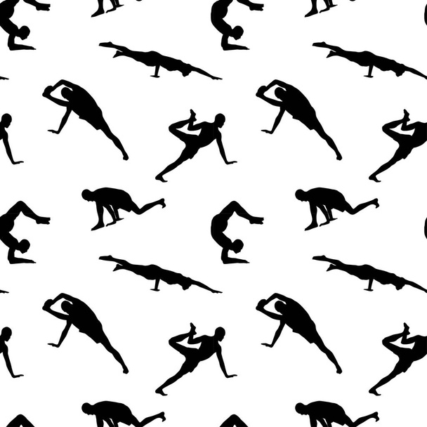 Seamless pattern with silhouettes of people practicing yoga isolated on white background, vector illustration - Vector, Image