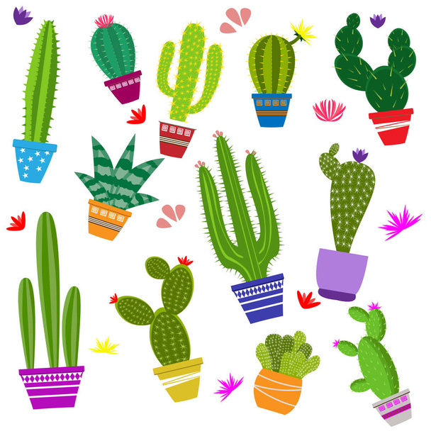 набор иллюстраций милых кактусов и суккулентов в горшках и с растениями. может быть использована для карт, приглашений или как стикер
 - Вектор,изображение