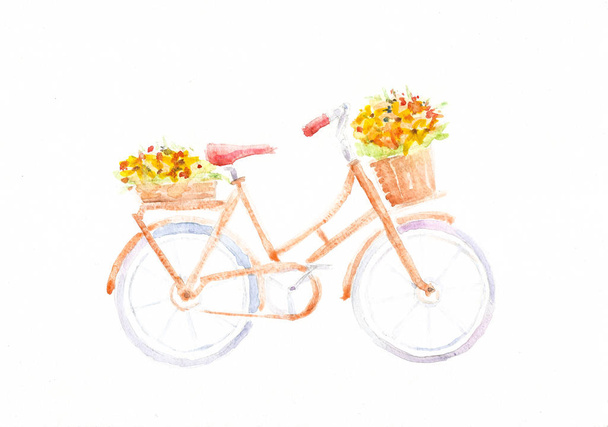 Bicicleta de dibujo manual con flores en cestas
 - Foto, Imagen