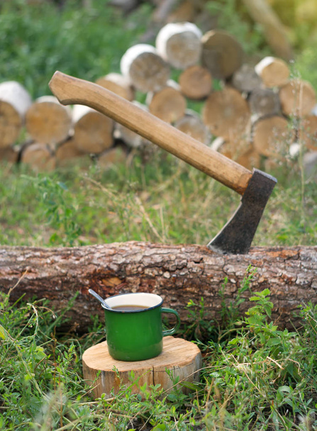 Camping, chopping wood. active work in nature. - Zdjęcie, obraz