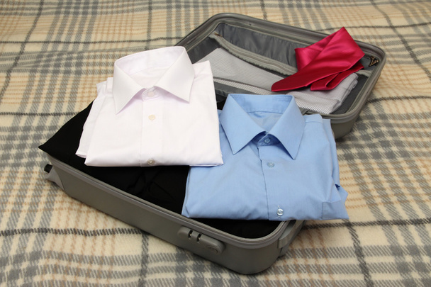 Open grey suitcase with clothing on plaid - Valokuva, kuva