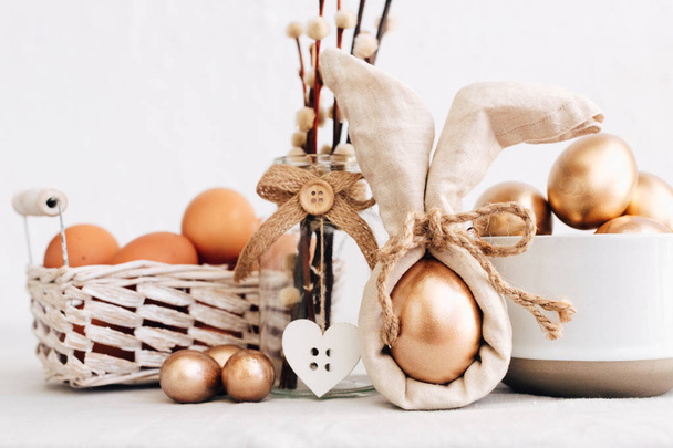 Happy Easter Mock Up. Rural Background  with golden eggs. Rustic concept  - Фото, изображение