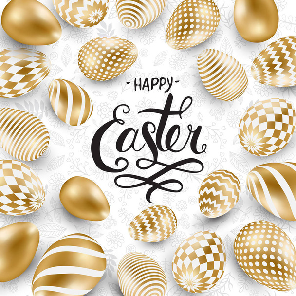 Happy Easter background with realistic golden shine decorated eggs - Vector, Image