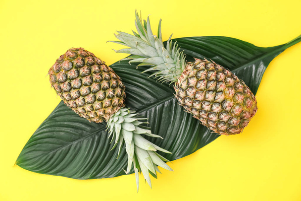 Fresh pineapples and tropical leaf on color background - Fotoğraf, Görsel
