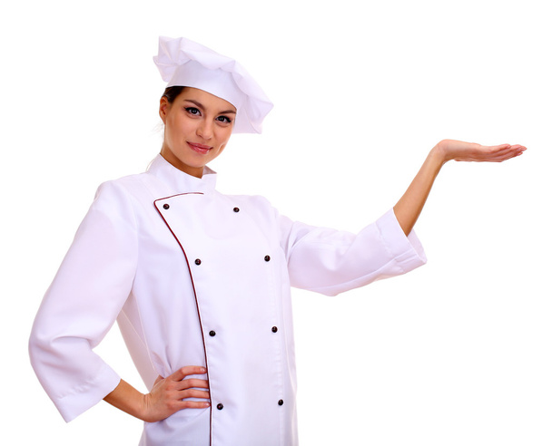 Portrait of young woman chef isolated on white - Фото, зображення