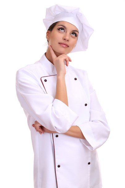 Portrait of young woman chef isolated on white - Photo, image