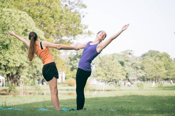Ομάδα γυναικών κάνει ασκήσεις γιόγκα στο πάρκο. Έννοια του υγιεινού τρόπου ζωής. - Φωτογραφία, εικόνα
