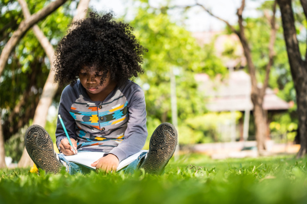 Un petit garçon écrit sur un cahier assis sur de l'herbe verte dans un parc
 - Photo, image
