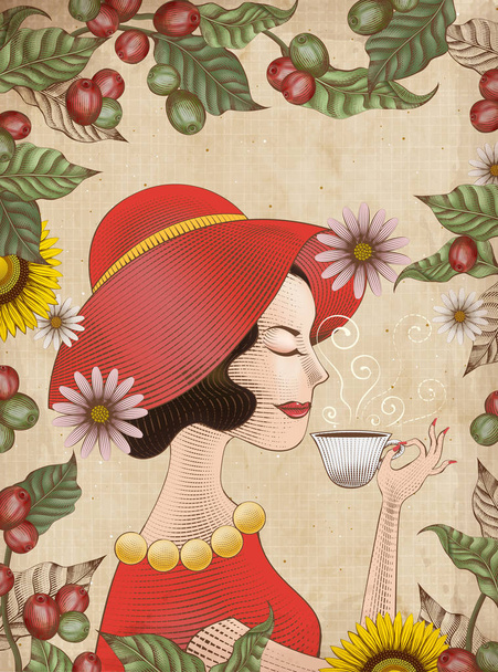 Elegant lady in red dress is drinking a cup of coffee, engraving style leaves and coffee cherries frame - Вектор, зображення