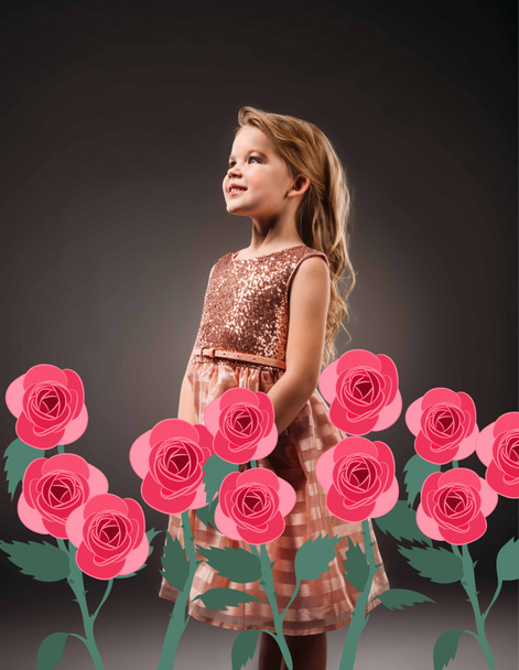 adorable princess in pink dress, isolated on grey with pink rose flowers illustration - Fotografie, Obrázek