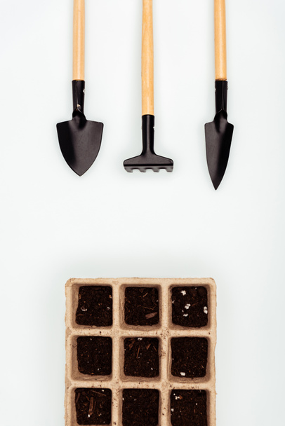 top view of flower pots with garden shovel, rake and hoe isolated on white, earth day concept - Photo, Image
