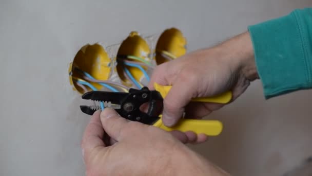 Mãos removendo o isolamento de fios elétricos no soquete elétrico
 - Filmagem, Vídeo