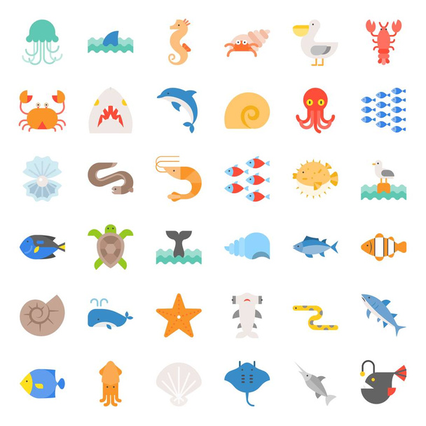 Aquatic Ocean life such as octopus, shell, pelican, herd of fish, tropical fish, flat icon set - Vector, Image