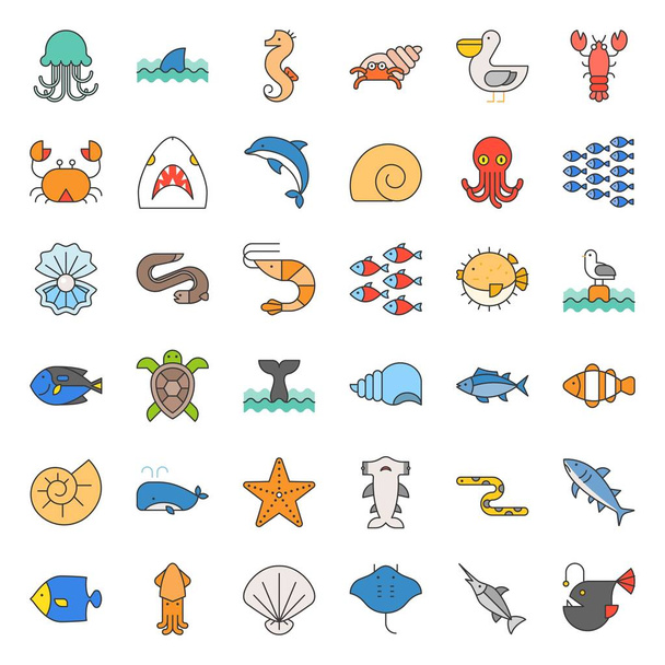 Aquatic Ocean life such as octopus, shell, pelican,herd of fish, filled outline icon set - Vector, Image