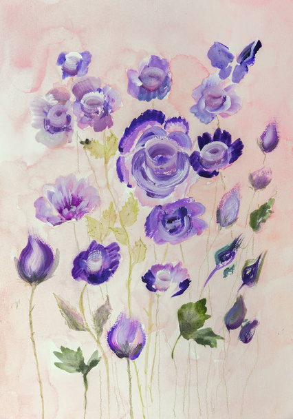 Lilac roses on a pink background. The dabbing technique near the edges gives a soft focus effect due to the altered surface roughness of the paper. - Photo, Image