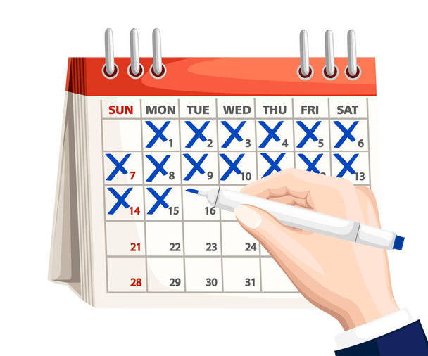 Деловая рука с календарем ручек. Календарь с синей меткой. Концепция планирования. Векторная иллюстрация на белом фоне
 - Вектор,изображение