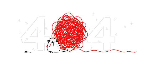 Karikatür komik kedi sayfa 404. Vektör düz çizim. Karakter beyaz bir arka plan üzerinde izole. Bir top konu ve bir fare ile kedi. Komik kedi kartpostallar ve site için. Maskot. - Vektör, Görsel