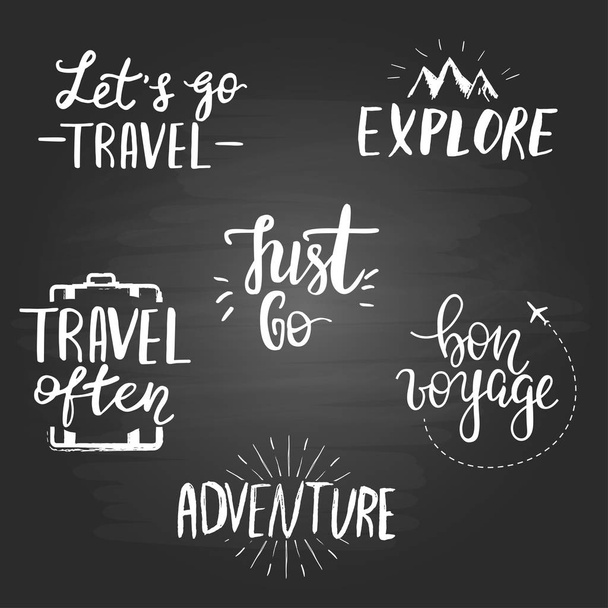 Set of inspirational travel quotes on the blackboard background. - Вектор, зображення