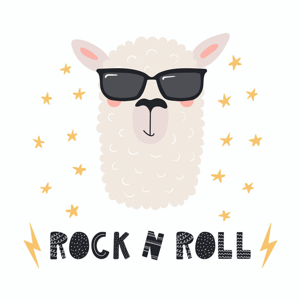 Рука намальована мила смішна лама в сонцезахисних окулярах з цитатою Rock n roll ізольована на білому тлі
 - Вектор, зображення