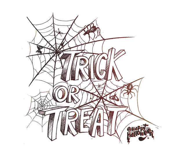 Trick or Treat Halloween with Spider net poster design, Hand Dra - Vector, Image