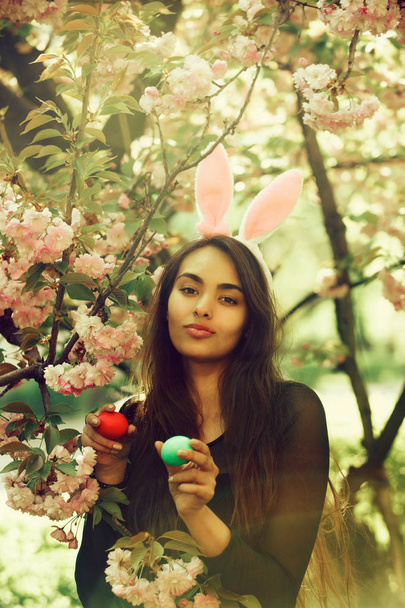 girl with bunny ears smiling with colored eggs, sakura - Foto, Bild
