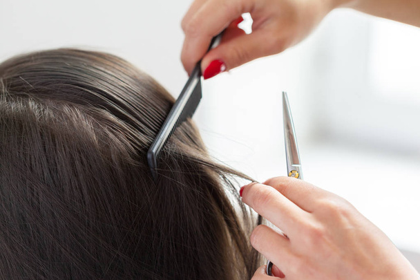 Frau macht Haarschnitt im Salon - Foto, Bild