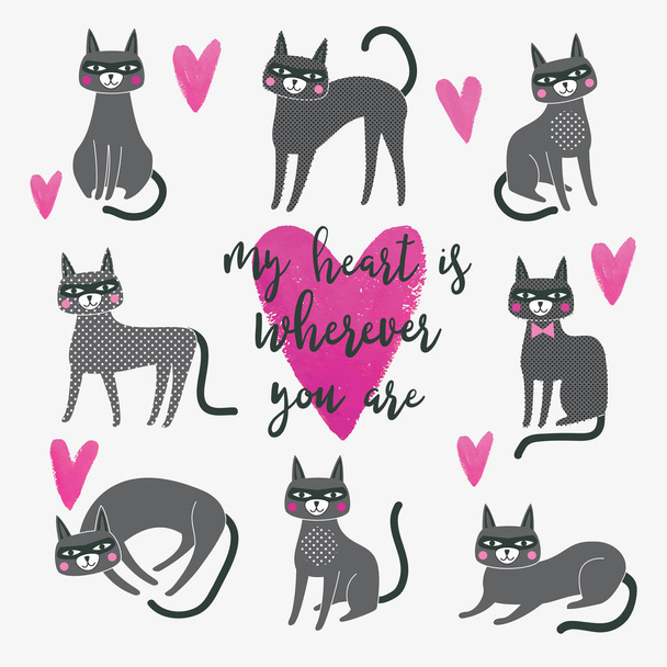 Ilustração de gato bonito. Adoro letras. Perfeito para o dia dos namorados, adesivos, aniversário, salve o convite da data
 - Vetor, Imagem
