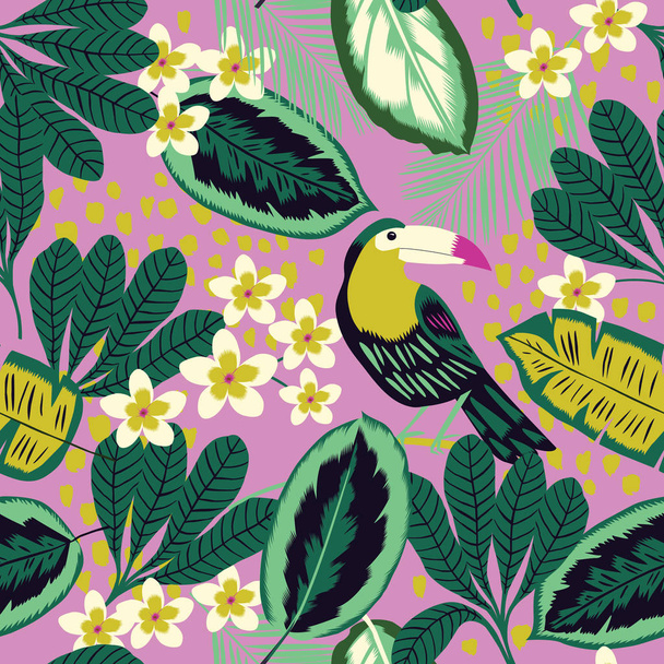 Tropical leaves, flowers and toucan bird seamless pattern - Vecteur, image