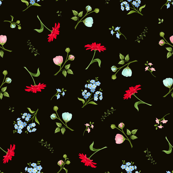 Vector seamless pattern with red, pink and blue gerbera, ranunculus and forget-me-not flowers on a black background. - Vector, Image