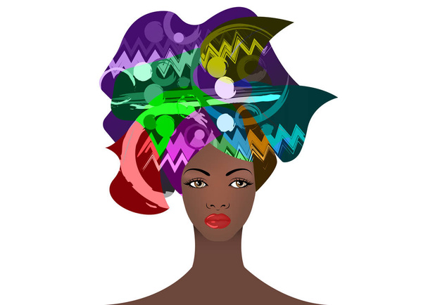 porträtiert die junge Afrikanerin in einem bunten Turban. wickeln Afro-Mode, Ankara, Kente, Kitenge, afrikanische Frauenkleider. nigerianischen Stil, ghanaische Mode. Vektor für Print, Poster, T-Shirt. isoliert  - Vektor, Bild