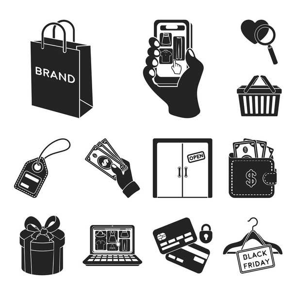 E-kereskedelem, vásárlás és eladás fekete ikonok beállítása gyűjtemény a design. A kereskedelem és pénzügy vektor szimbólum állomány honlap illusztráció. - Vektor, kép