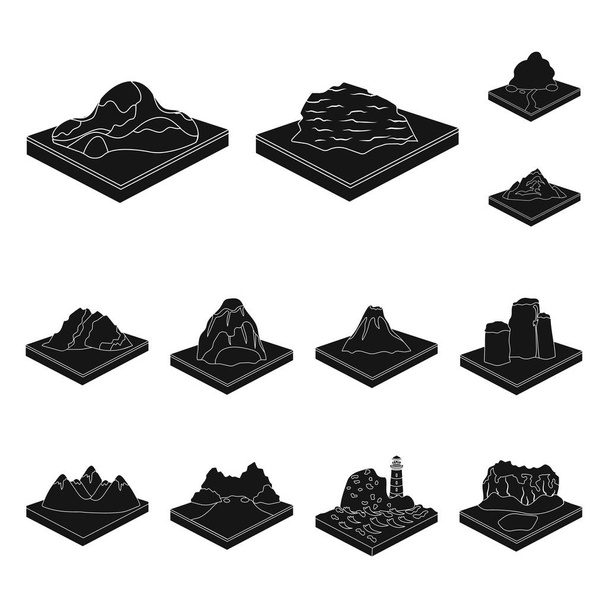 Mountains, massive black icons in set collection for design. The surface of the earth vector isometric symbol stock web illustration. - Vector, Imagen