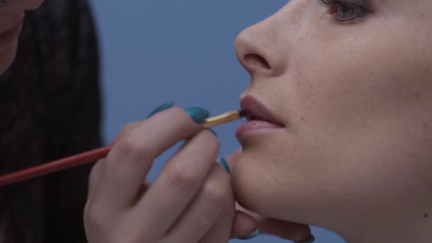 Professional make up artist applying lipstick on the model's lips using a brush, beauty and cosmetics concept - Záběry, video