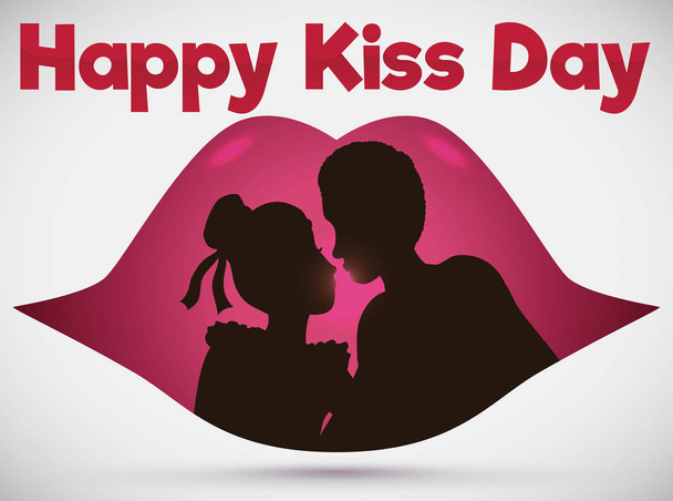 Couple Silhouette inside Lips in Romantic Scene for Kiss Day, Vector Illustration - Vector, Image