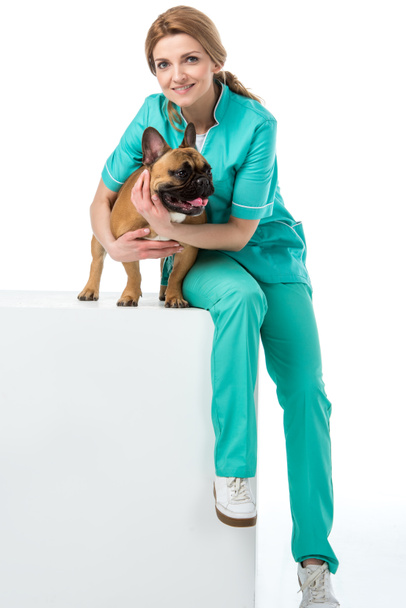 smiling veterinarian hugging french bulldog while sitting on white cube isolated on white - Fotografie, Obrázek