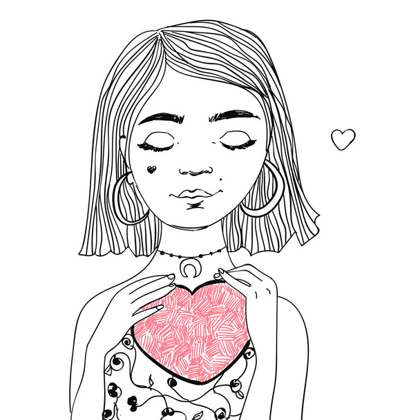 Pretty girl in love with heart shape in her hands. Vector Valentines day illustration. - Διάνυσμα, εικόνα