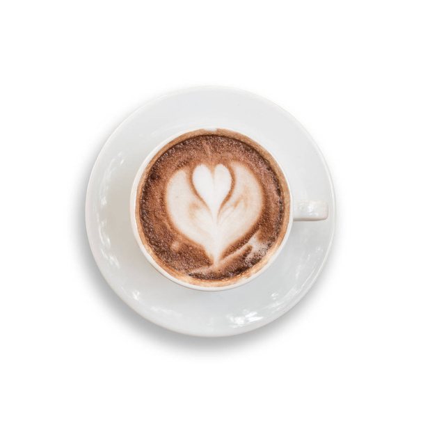 Bovenaanzicht van hete latte koffie in witte kop. Geïsoleerd op wit. Sa - Foto, afbeelding