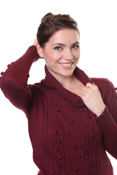 portrait of a beautiful happy woman in a knitted jacket - Foto, Bild