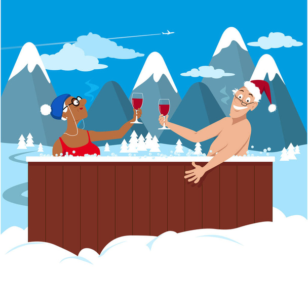 glückliches Paar aktiver Senioren beim Weintrinken im Whirlpool, winterliche Berglandschaft im Hintergrund, Folge 8 Vektorillustration - Vektor, Bild