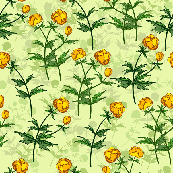 Seamless vector floral pattern. Floral background of yellow Ranunculus with plant shadows on light green background - Вектор, зображення