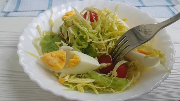 saláta káposzta paradicsom tojás villát csepp - Felvétel, videó