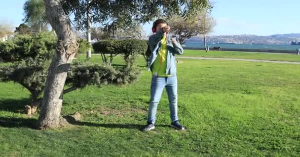 Fiatal fiú a tánc a gyepen 2 fejhallgató - Felvétel, videó
