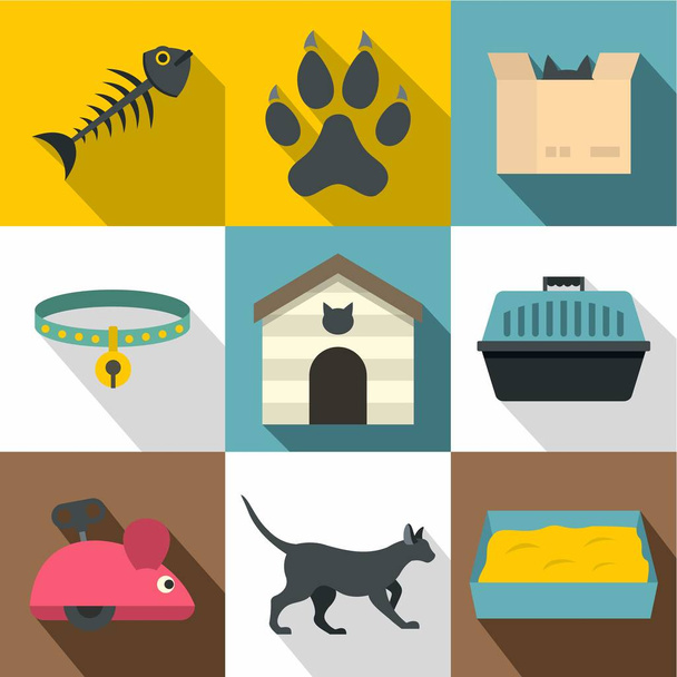 Cat things icon set, flat style - Διάνυσμα, εικόνα