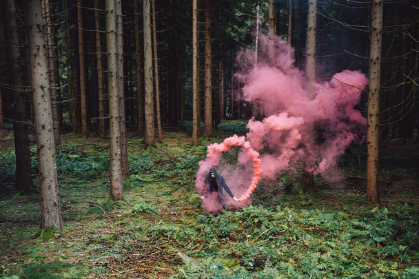 Joven con barba en el bosque sostiene en la colorida mina de humo
 - Foto, Imagen