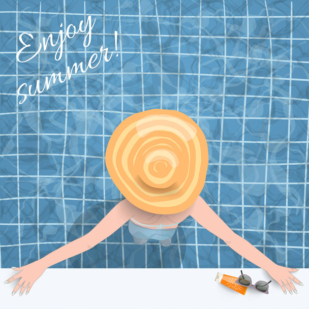Mujer con sombrero de paja en la piscina, vista superior de la espalda, ilustración de vectores, disfrutar de texto de verano
 - Vector, Imagen