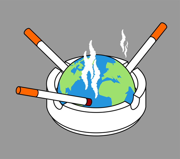 Ashtray earth planet with cigarettes isolated. Smoking illustrat - Vector, Image