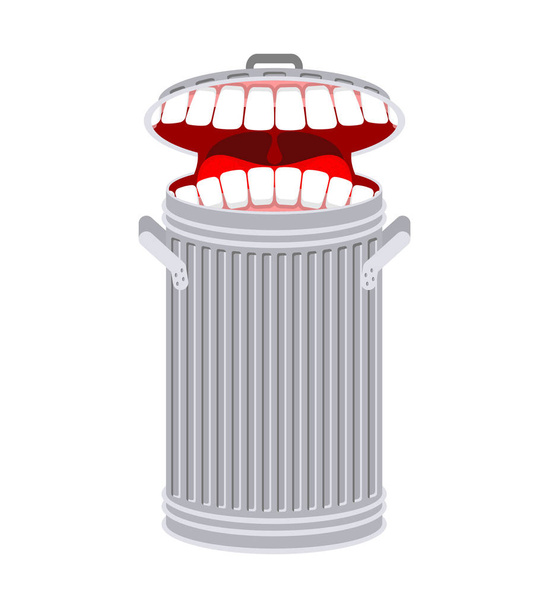 Garbage can with teeth. Trash can hungry. Eats rubbish - Vector, Image